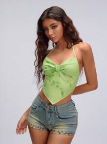 TRNVIE 女式夏季度假风格领带印花不对称下摆衬衫 - 綠色 - 查看 4