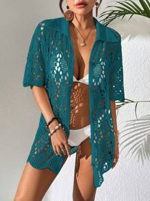 SHEIN Swim Women's Vacation Casual Solid Color Hollow-Out Knit Kimono Cover Up For Summer - Teal Blue - View 5