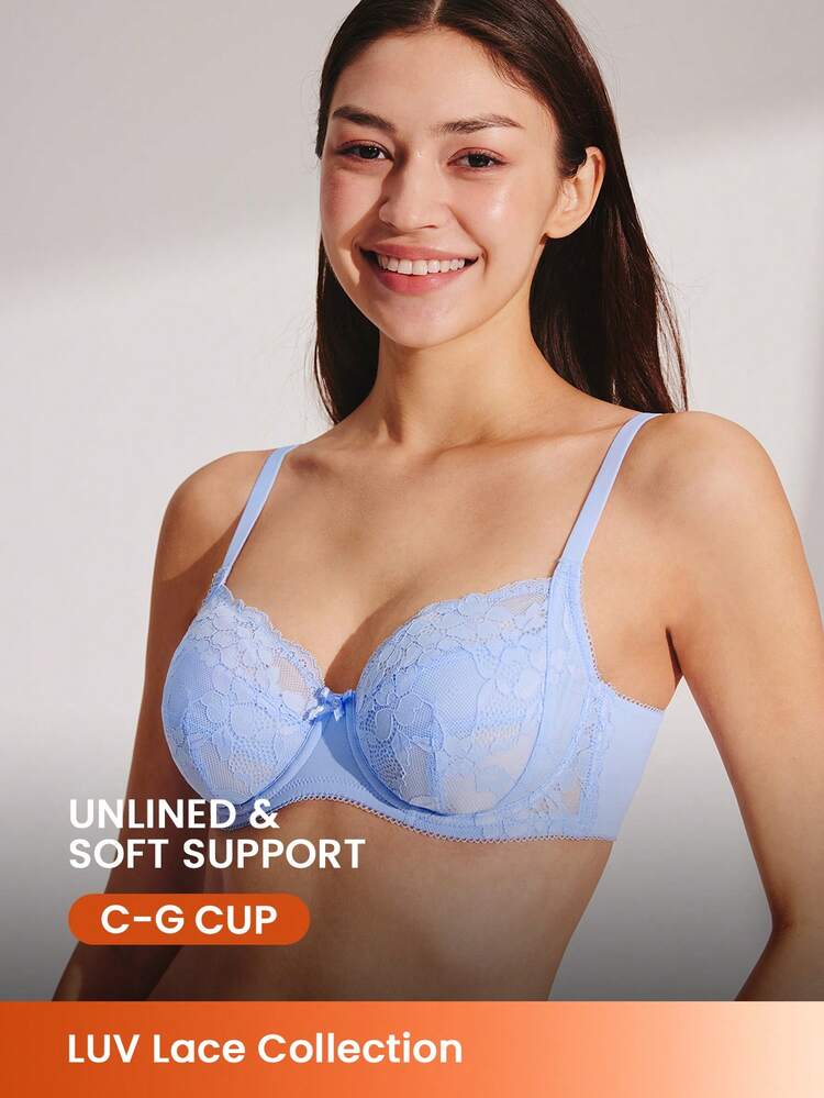 女性用フルカバレッジランジェリーラウンジ、カーブサポート&通気性のあるアンダーワイヤー、セクシーなノンパディングブルーミニマイザーレースエレガンスブラ、ブライダルインナー