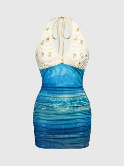 Fairycore Kurzes Strandkleid für Frauen mit Ozean-Muster, sexy Neckholder, Stricknetz Patchwork-Design