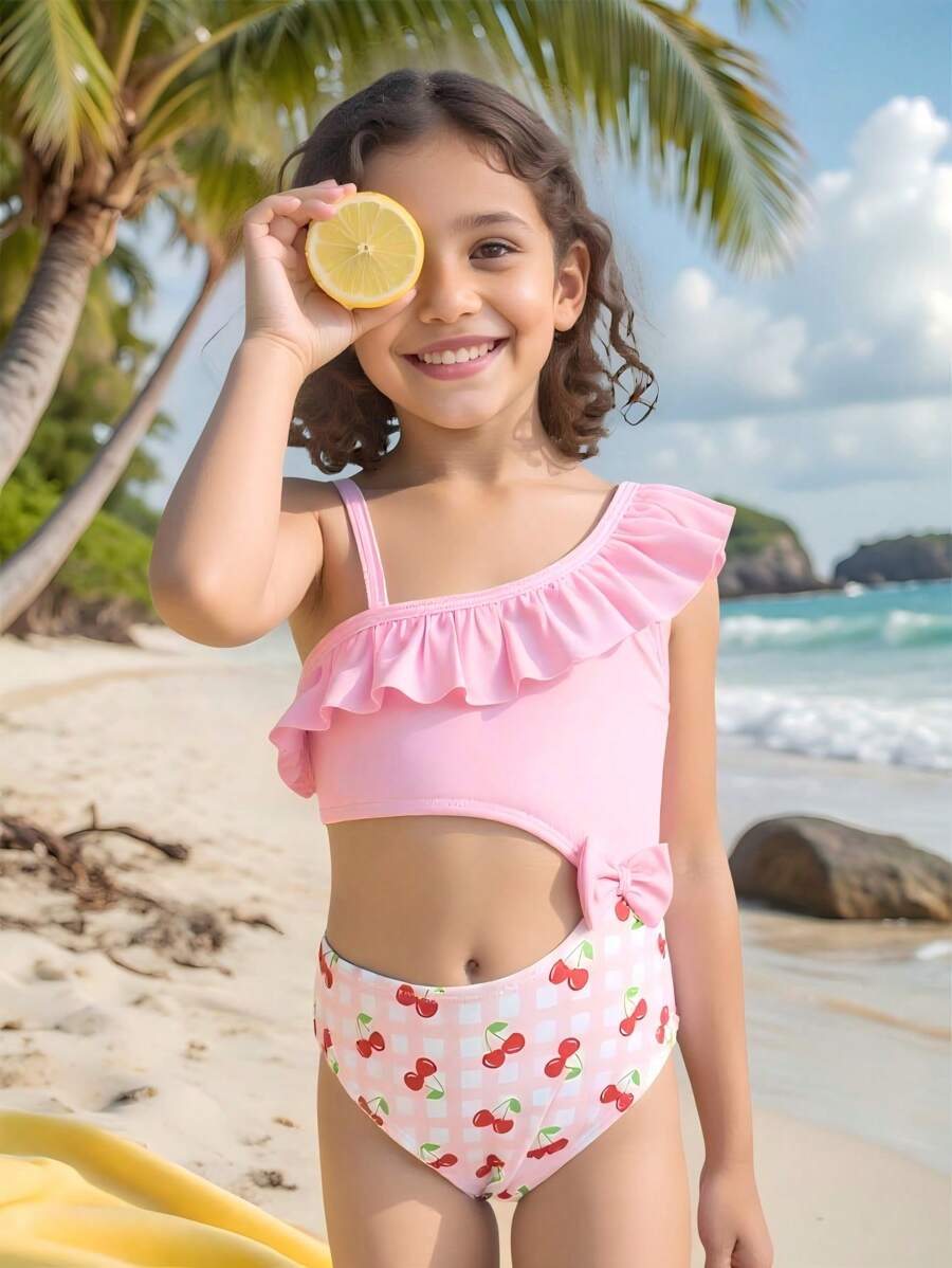 SHEIN Young Girl's Cherry Print Hollow-Out Bandeau One-Piece Swimsuit, Suitable For Beach And Vacation, Summer - Multicolor - View 1