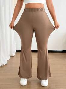 Flirla Pantalones rectos de talla grande de cintura alta, de color marrón, elásticos y de ajuste cómodo, versátiles y