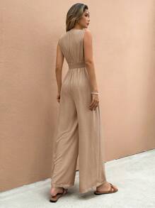 SHEIN Frenchy Women's Solid Color Overlapping V-Neck Waist Lace Splice Wide-Leg Sleeveless Jumpsuit