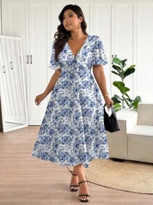 SHEIN Frenchy Plus Size Casual & Versatile Summer Fresh Blue Ditsy Floral Dress, Suitable For Music Festival & Vacation,Sun Dresses For Women - Blue - View 5