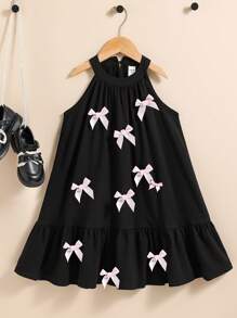 SHEIN Young Girl Woven Sleeveless Midi A-Line Cake Dress With Pink Bow Decor,Summer 7th Birthday Princess Party Wear,Mom & Daughter Matching Family Outfits - Black - View 2