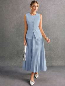 Poéselle 2 件女士单排扣纯色背心和百褶裙套装女士办公室服装商务女性服装职业女性服装百褶长裙百褶裙套装夏季优雅连衣裙灰蓝色百褶裙女士秋冬百褶裙 - 藍色 - 查看 5