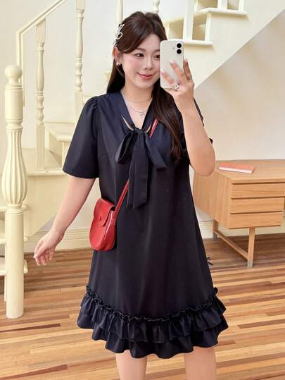 Dazy Plus Solid Color Patchwork Lettuce Trim Tie-Up Straight Mini Summer Dress
