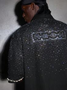 NEON BLANC 男士修身休闲铆钉水钻半袖纽扣衬衫，街头风格 - 黑色 - 查看 5