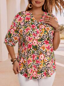 EMERY ROSE Plus Size Women's Summer Holiday Leopard & Floral Print Notch Collar Shirt,Women Summer Clothes - Multicolor - View 4