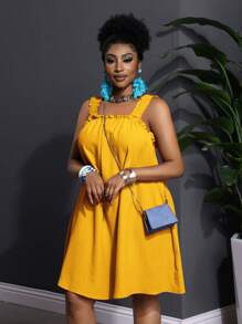 Slaydiva 大码无袖纯色休闲度假连衣裙 - 黃色 - 查看 9