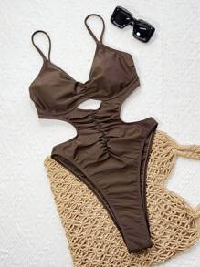 Swim SXY 女式纯色细肩带镂空后背褶饰休闲沙滩连体泳衣，夏季 - 咖啡棕 - 查看 5