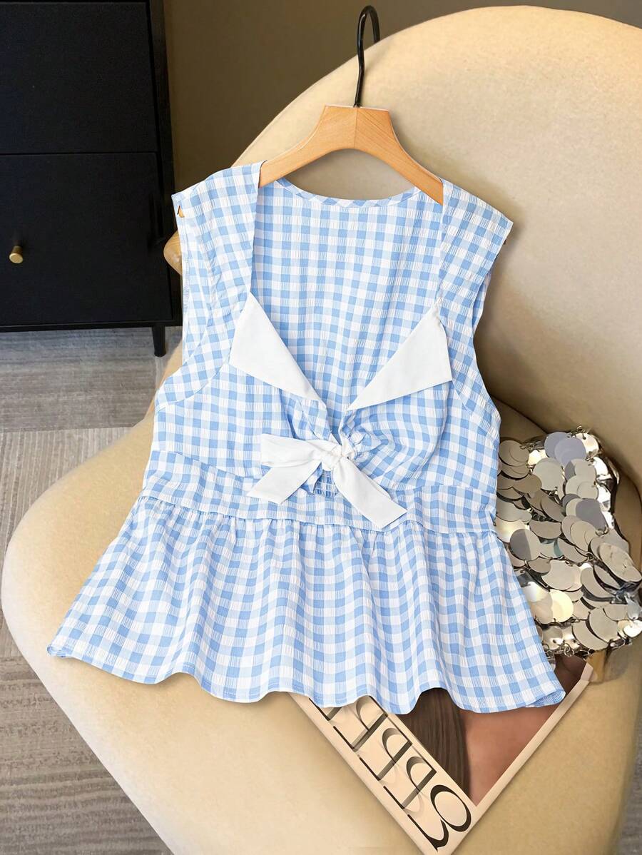 Flirla 大码夏季休闲格子拼色修身清爽衬衫 - 藍色 - 查看 1