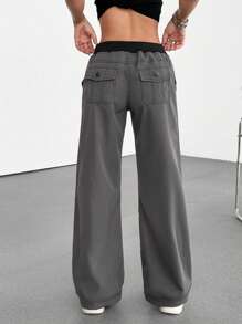 SHEIN EZwear Women's Casual Dark Gray Drawstring Waist Straight Leg Pants - Dark Grey - View 2