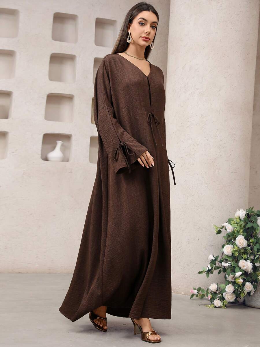 SHEIN Najma Coffee Color Tie Bow Cardigan, Fashionable For Summer, Modest Kaftan