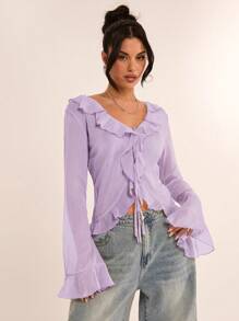 SHEIN BAE 女士春季优雅透明荷叶边喇叭袖雪纺衬衫，适合浪漫约会、女友聚会、度假活动和休闲外出