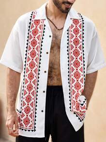 Manfinity VCAY Camisa de manga corta casual de hombre con estampado geométrico tejido - Blanco - Ver 3
