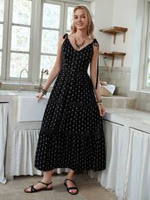 LanaWest Women Tie Up Patchwork Lace Hem A-Line Dress