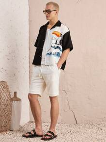 Manfinity Unisex Multi-Size Contrast Color Lapel Short Sleeve Loose Fit Men Shirt