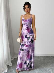 Selianne 女式褶领印花吊带长裙 - 紫色 - 查看 3