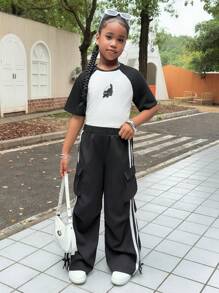 青少年女孩拼色插肩袖可爱猫咪印花短袖休闲 T 恤，返校季，母子装 - 黑與白 - 查看 5