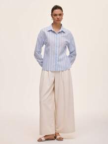 Almamuse Áo sơ mi sọc xanh trắng, thoải mái khi đi làm và mặc thường ngày, mùa xuân/hè - Màu xanh lam - Xem 5