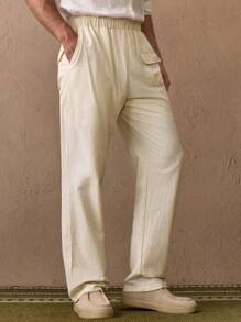 Manfinity VCAY Men's Woven Casual Loose Fit Solid Color Elastic Waist Straight Leg Trousers, Everyday Wear - Apricot - View 4