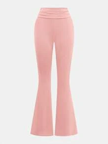 SHEIN Conjunto casual a juego para adolescentes de unicolor, con camiseta con volantes y pantalones con pierna acampanada - Rosa - Ver 6