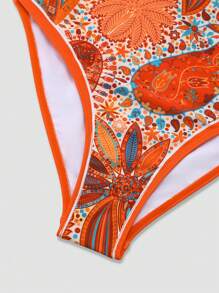 Swim Oasis 加大码 2 件橙色色调印花连体泳衣，带升降罩杯超长裙，女式优雅简约设计 - 彩色 - 查看 5