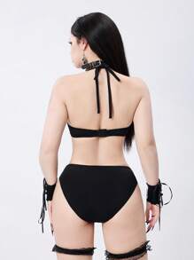 ROMWE Goth Women's Solid Color Bikini Set For Vacation & Beach, Halloween - Black - View 2