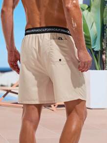 Surfspeed Men's Color Block Letter Print Beach Elastic Waist Shorts, Summer Vacation, Hawaiian