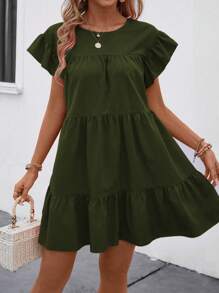 Breezaya 女士夏季纯色圆领宽松娃娃裙，带荷叶边装饰，度假海滩装 - 墨綠色 - 查看 4