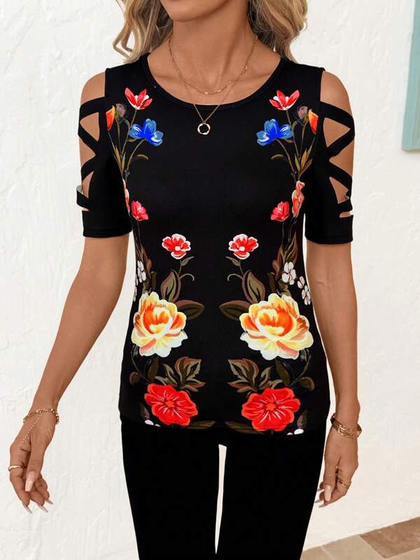 SHEIN Clasi Tricou cu mânecă scurtă cu imprimeu geometric contrastant alb-negru de damă