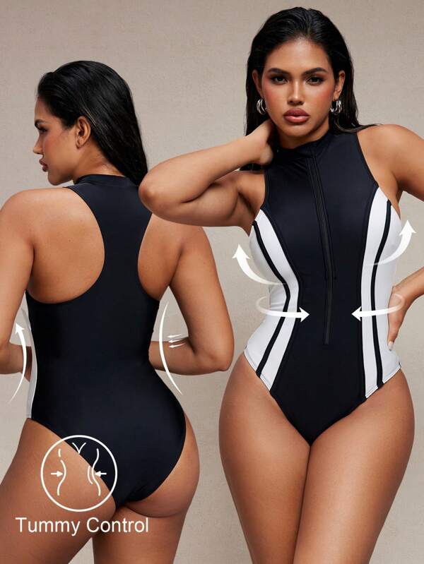 Shapewave Traje de baño de una pieza con cierre y cuello alto en color blanco y negro