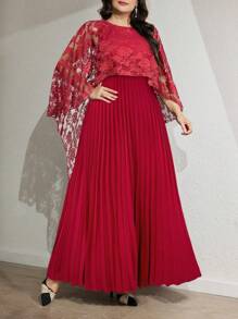 Modelyn Plus Size Women's Lace Patchwork Pleated Elegant Arabic Style Dress - Burgundy - View 4