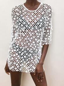 Maija 白色蕾丝串珠刺绣网眼面料迷你连衣裙，V 领无袖，波西米亚风格，适合春夏度假海滩装