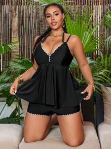 SHEIN Swim Curve Plus Size Women Flower Bud Print V-Neck Racerback Tankini Swimsuit Set, Casual Beach Resort Wear For Summer Beach Vacation - Black - View 5
