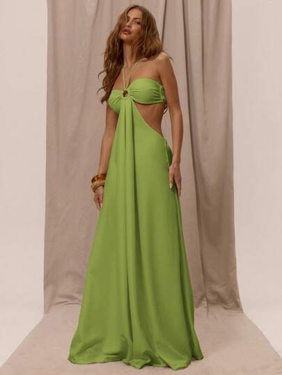 MUSERA Halterneck Strap Bandeau O Ring Detail Extreme Wide Leg Jumpsuit Vacation Boho Western Spring Summer Vacation Beachwear Elegant Ibiza Holiday Wedding Guest Date Night Sexy Evening