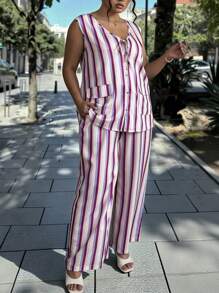 INAWLY 2pcs/Set Plus Size Women Striped Front Tie Sleeveless Blouse And Pants Set - Multicolor - View 5