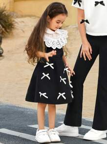 SHEIN Leap Crew 2pcs Set Young Girl Casual Sweet Collar Lace Patchwork Contrast Color Top And Skirt Suit - Black and White - View 2