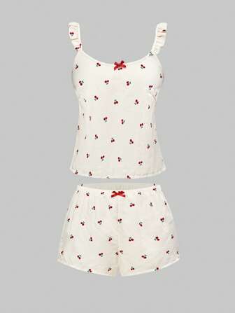 Kawaii Summer Pastoral Sweet Cherry All-Over Print Ruffle Trim Bow Casual Ladies Pajama Set