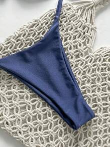 Swim Mod Springbreak Women's Solid Color Strapless Tie Front Metal Decor Sexy Bikini Set, Summer - Navy Blue - View 5