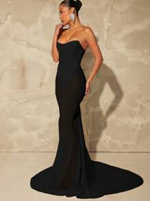 L'Amorae Corset Strapless Mermaid Hem Party Dress - Black - View 4