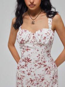 Roylia French Floral Print Tight Waist Ruffle Decoration Camisole Dress With Bust Cup For Women - Multicolor - View 6