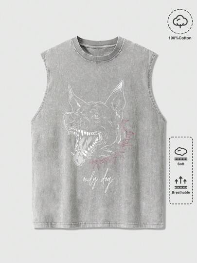 Street Life Men's Summer Casual Dog & Letter Print Round Neck Tank Top