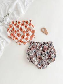 Loomiva 2pcs Baby Girl Floral Print Elastic Waist Casual Shorts Set