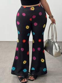 Flirla 大码花卉印花休闲高腰喇叭裤