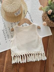 SHEIN LMoss Kids 年轻女孩纯色草莓图案针织无袖短款上衣，适合度假、郊游和聚会