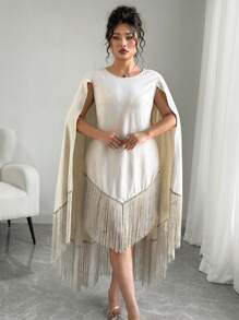 SHEIN PETITE CURVE Plus Size Women Holiday Solid Color Woven Tassel Mid-Length Dress , Fringe Dress - Khaki - View 6
