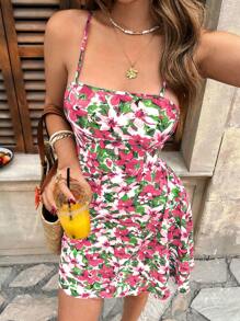 SHEIN Frenchy Vestito mini con stampa floreale, senza schienale e con nodo, stile vacanza per donna