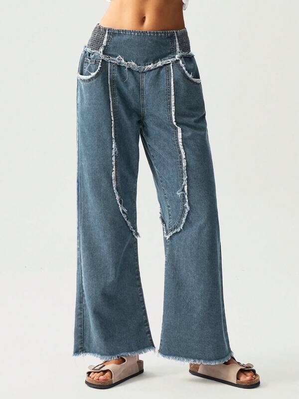 Bohemela 1pc Women's Vacation Elastic Waist Patchwork Frayed Wide Leg Pants